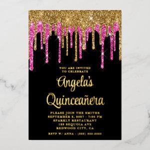 Black Gold and Deep Pink Glitter Drips Quinceañera Foil