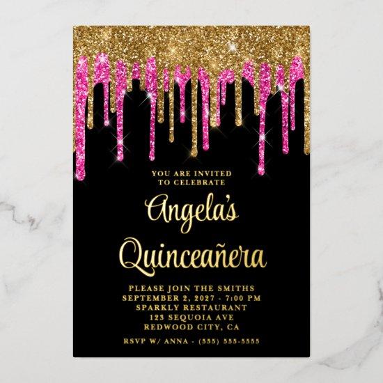 Black Gold and Deep Pink Glitter Drips Quinceañera Foil