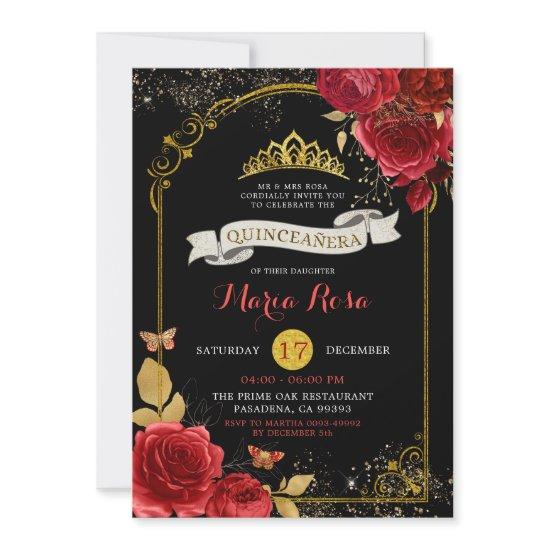Black Gold And Red Roses Royal Crown Quinceañera