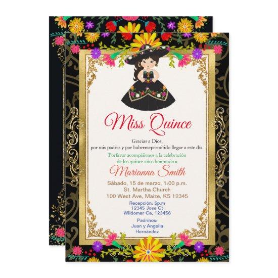 Black Gold Colorful Floral Quinceañera