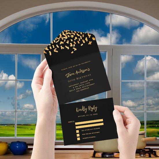 Black gold confetti birthday rsvp all in one