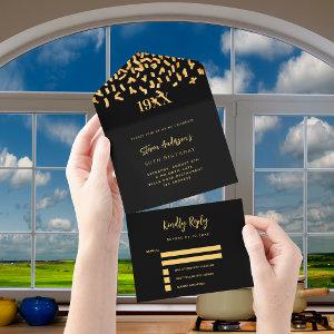 Black gold confetti year birthday rsvp all in one