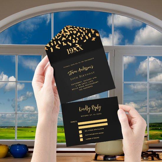 Black gold confetti year birthday rsvp all in one