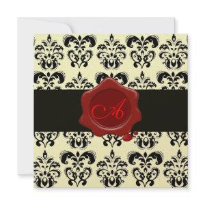 BLACK & GOLD DAMASK, RED WAX SEAL MONOGRAM
