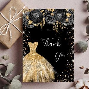 Black gold dress floral birthday thank you card