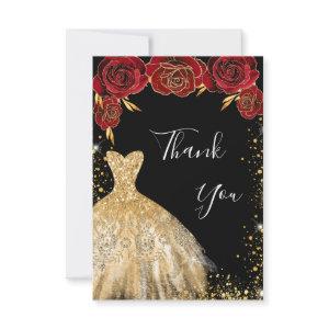 Black gold dress red florals glitter birthday thank you card