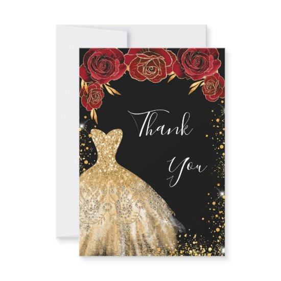 Black gold dress red florals glitter birthday thank you card