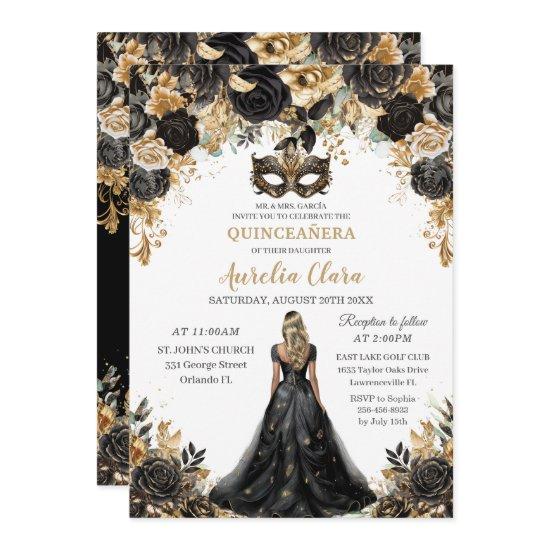 Black Gold Floral Blonde Masquerade Quinceañera