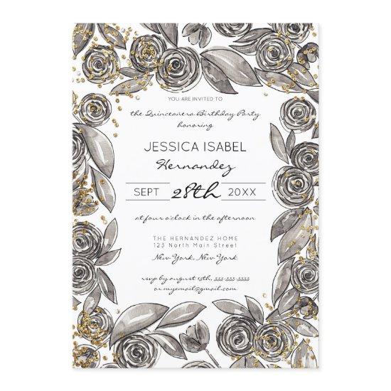 Black Gold Floral Confetti Watercolor Quinceañera