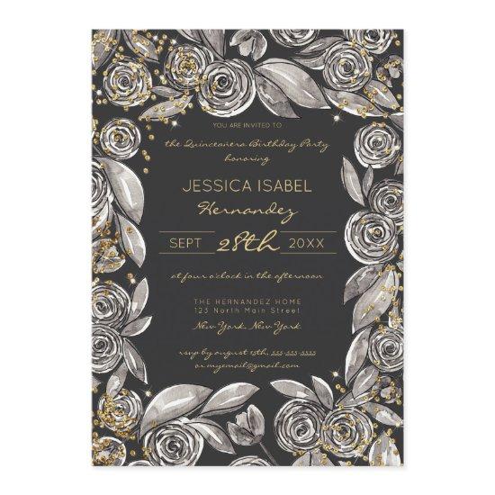 Black Gold Floral Confetti Watercolor Quinceañera