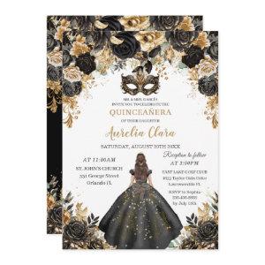 Black Gold Floral Masquerade Ball Quinceañera