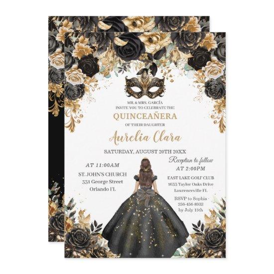 Black Gold Floral Masquerade Ball Quinceañera