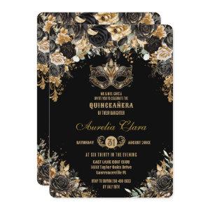 Black Gold Floral Masquerade Ball Quinceañera