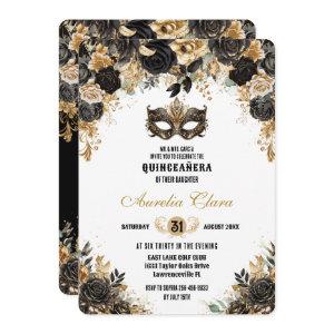Black Gold Floral Masquerade Ball Quinceañera
