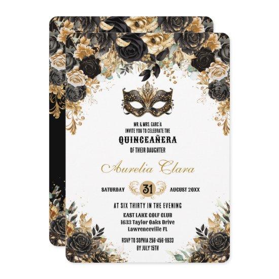 Black Gold Floral Masquerade Ball Quinceañera