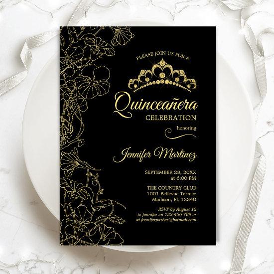Black Gold Floral Quinceanera Party