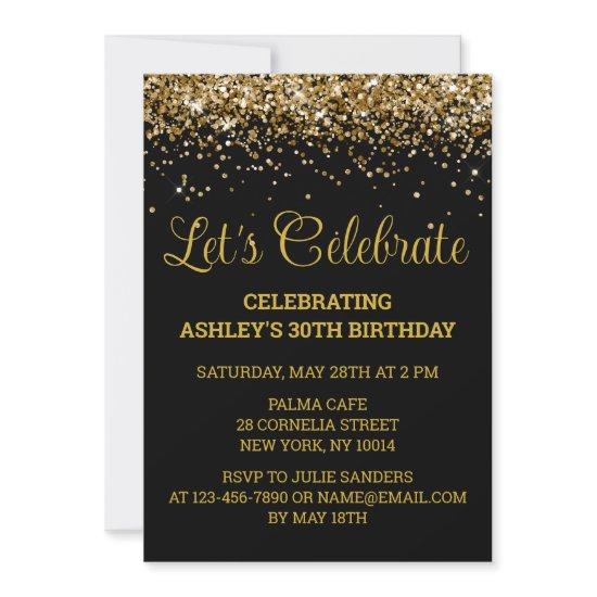 Black & Gold Glitter 30th Birthday Let's Celebrate