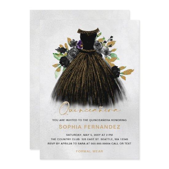 Black Gold Glitter Floral Dress Quinceañera