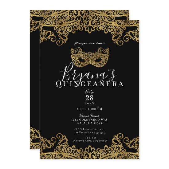 Black & Gold Lace Masquerade 15th Quinceañera