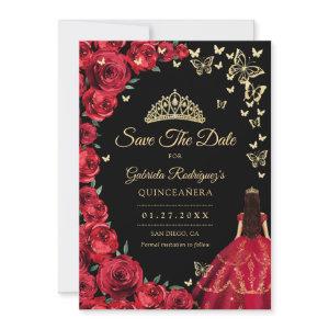 Black Gold Red Roses Butterflies Quinceanera Save The Date