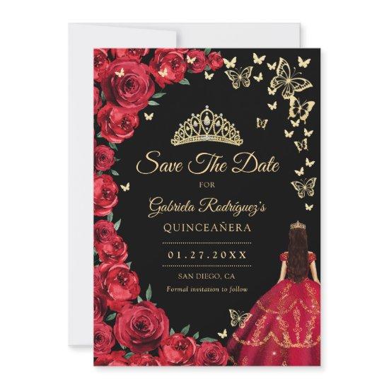 Black Gold Red Roses Butterflies Quinceanera Save The Date