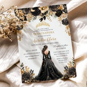 Black Gold Rose Floral Princess Dress Quinceañera