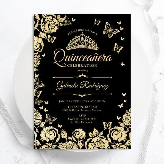 Black Gold Roses Butterflies Quinceanera
