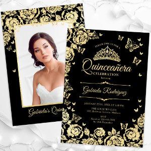 Black Gold Roses Butterflies Quinceanera Photo