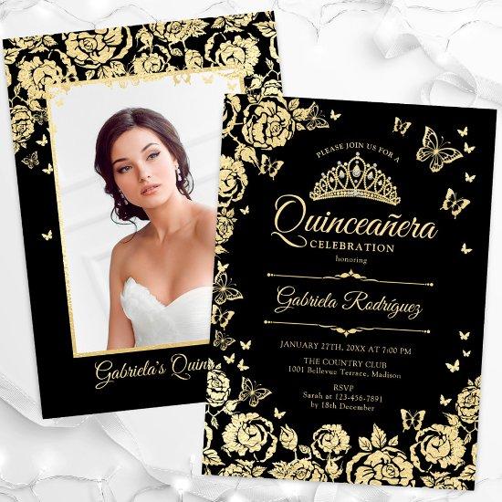Black Gold Roses Butterflies Quinceanera Photo