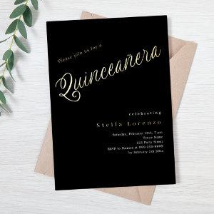 Black gold script elegant Quinceanera Foil