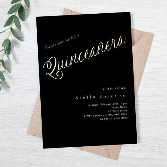Black gold script elegant Quinceanera Foil