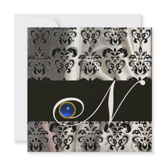 BLACK GOLD SILK DAMASK MONOGRAM BLUE SAPPHIRE