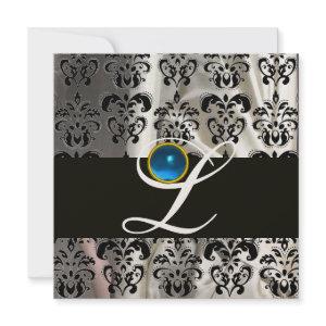 BLACK GOLD SILK DAMASK MONOGRAM BLUE SAPPHIRE