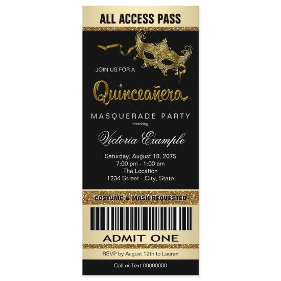 Black Gold Ticket Quinceanera Masquerade Party