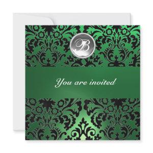 BLACK & GREEN DAMASK GEM STONE MONOGRAM white ice