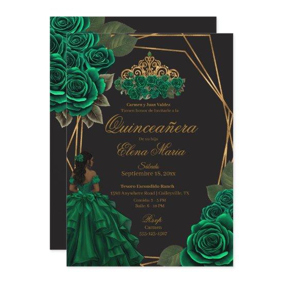 Black Green Roses Gold Princess Quinceañera