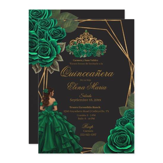 Black Green Roses Gold Princess Quinceañera