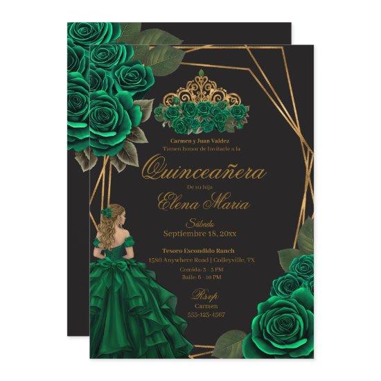Black Green Roses Gold Princess Quinceañera