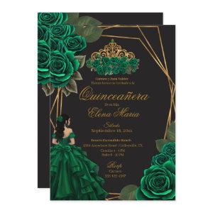 Black Green Roses Gold Princess Quinceañera
