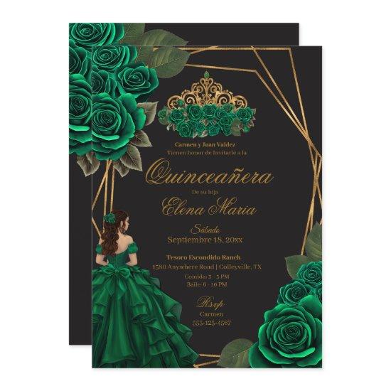 Black Green Roses Gold Princess Quinceañera