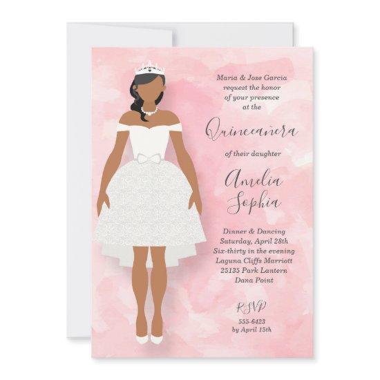 Black Hair Girl White Dress on Pink Quinceanera