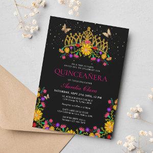 Black Mexican Fiesta Floral Gold Tiara Quinceanera