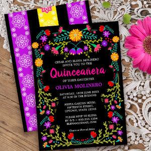 Black Mexican Fiesta Folk Art Floral Quinceanera