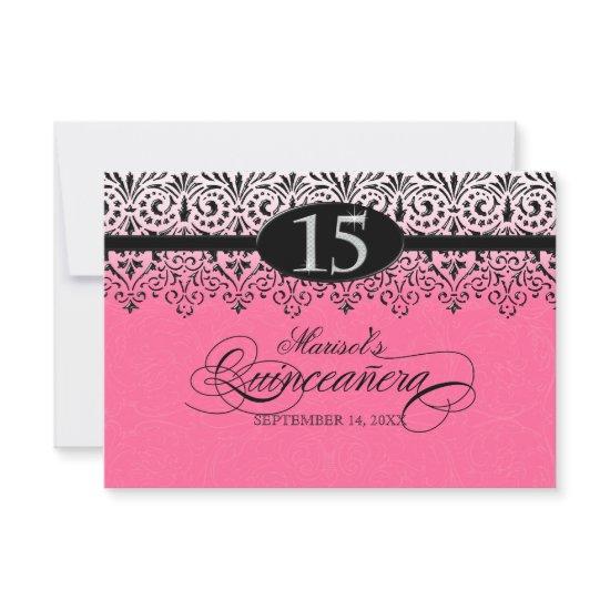 Black n White Lace Look Silver 15th Quinceanera RSVP Card