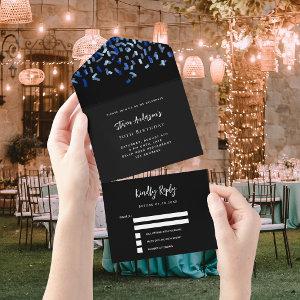 Black navy blue confetti birthday rsvp all in one