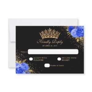 Black Navy Blue Gold Glitter Floral Quinceanera RSVP Card