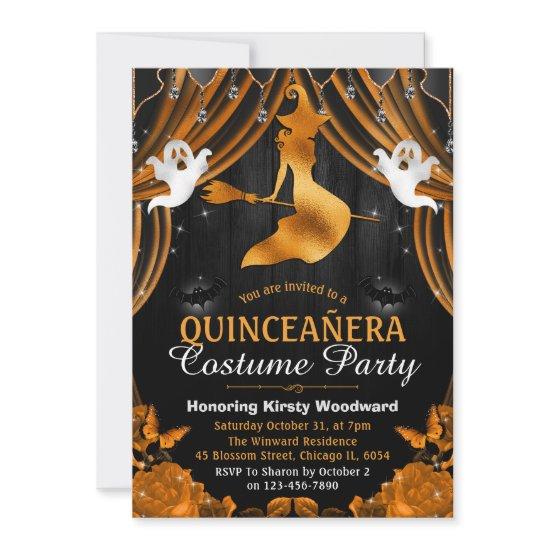 Black & Orange Witch & Shimmer Curtain Quinceañera