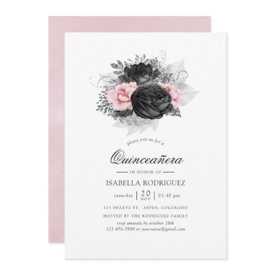 Black Pink and Silver Vintage Roses Quinceañera