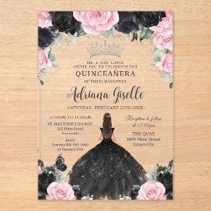 Black Pink Floral Flowers Dress Silver Quinceanera Acrylic