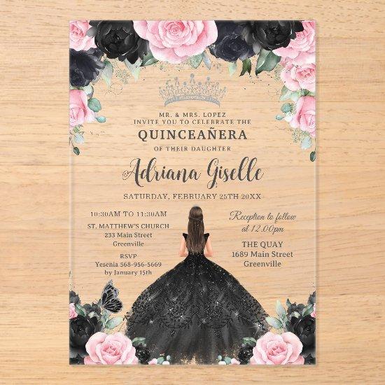 Black Pink Floral Flowers Dress Silver Quinceanera Acrylic